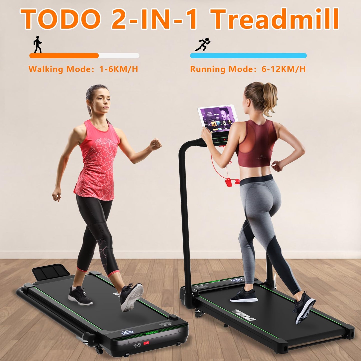 TODO Tapis de Marche Inclinable, 2-en-1 Tapis de Course Pliable, Walking Pad Électrique pour la Maison et Le Bureau, Télécommande et APP, avec Affichage LED, Moteur 2.5 HP