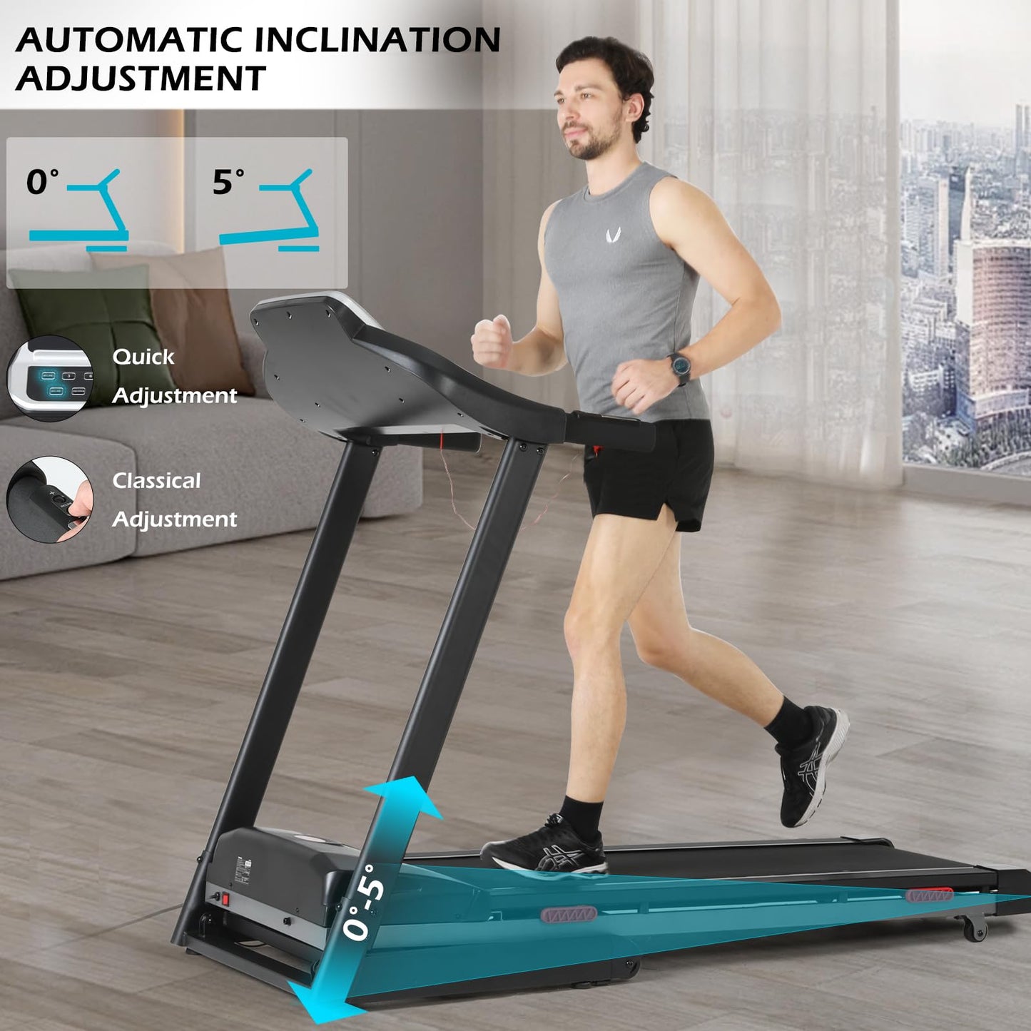 ISE Tapis de Course Inclinable Automatique Pliable, Tapis Course Electrique Motorisé 735W, Tapis de Marche 16KM/H Ecran LCD&12P, Tapis de Sport Fitness Course, Tapis Roulant Bluetooth à Domicile