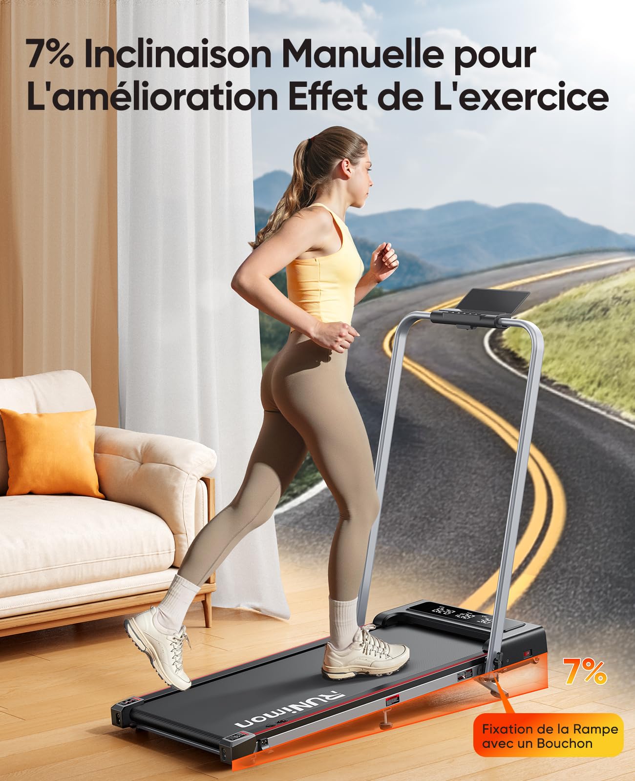 RUNIMON Tapis de Course 6-en-1, Pente 7%, 12km/h, 2.5HP, 2 Écrans LED, APP