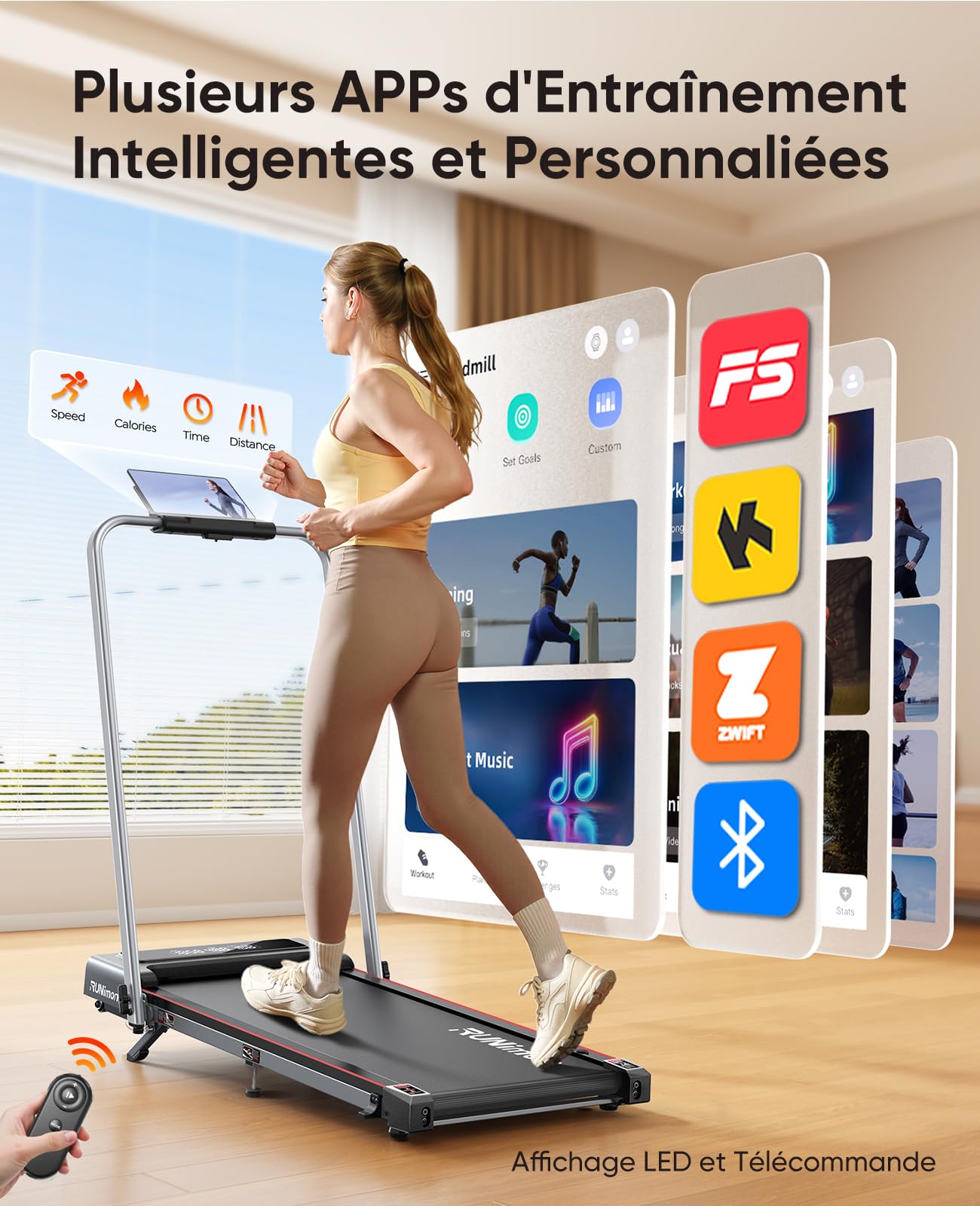 RUNIMON Tapis de Course 6-en-1, Pente 7%, 12km/h, 2.5HP, 2 Écrans LED, APP