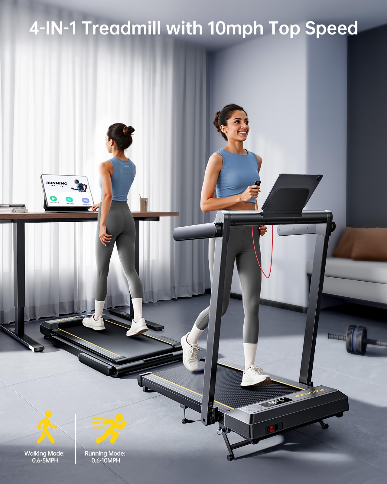 Tapis de Course 16km/h, Inclinaison 12%, Bande 42cm, Cardio, Contrôle APP, LED