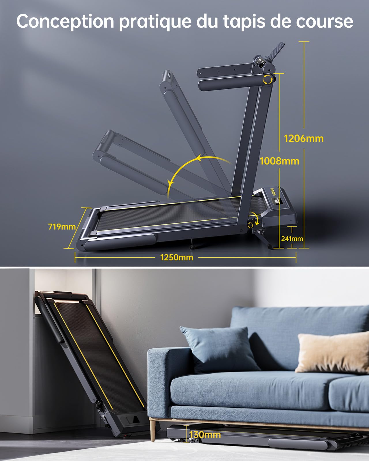 Tapis de Course 16km/h, Inclinaison 12%, Bande 42cm, Cardio, Contrôle APP, LED