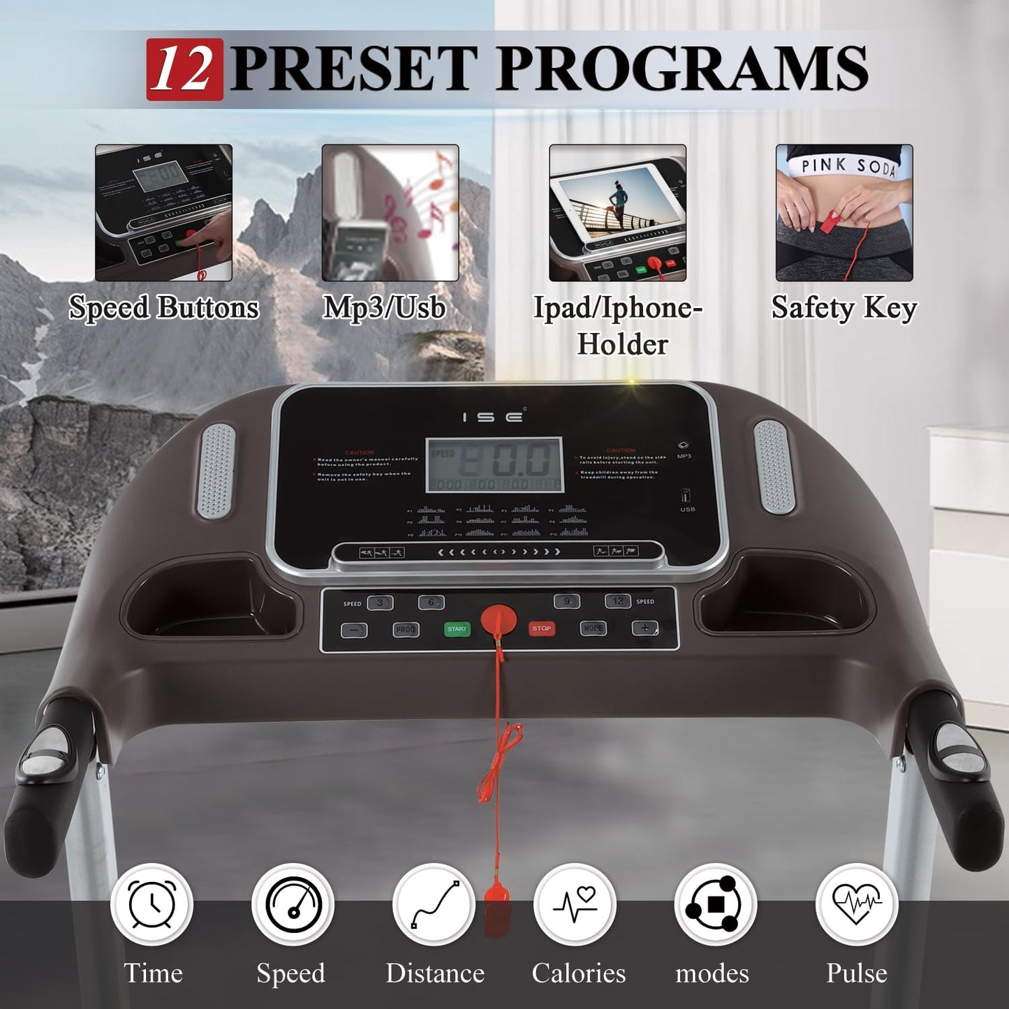 ISE Tapis de Course Pliable 14km/h, Professionnel, Moteur 2HP, écran LCD, 12 Programmes