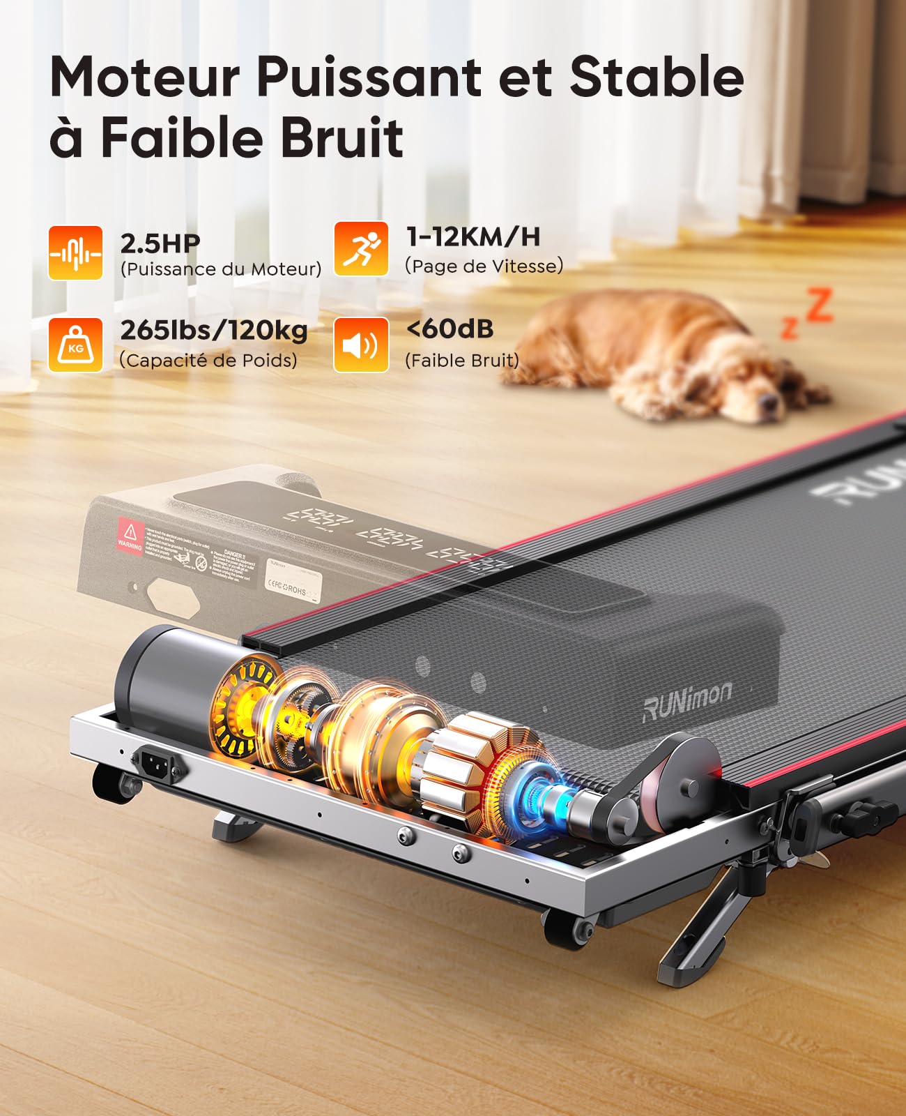 RUNIMON Tapis de Course 6-en-1, Pente 7%, 12km/h, 2.5HP, 2 Écrans LED, APP