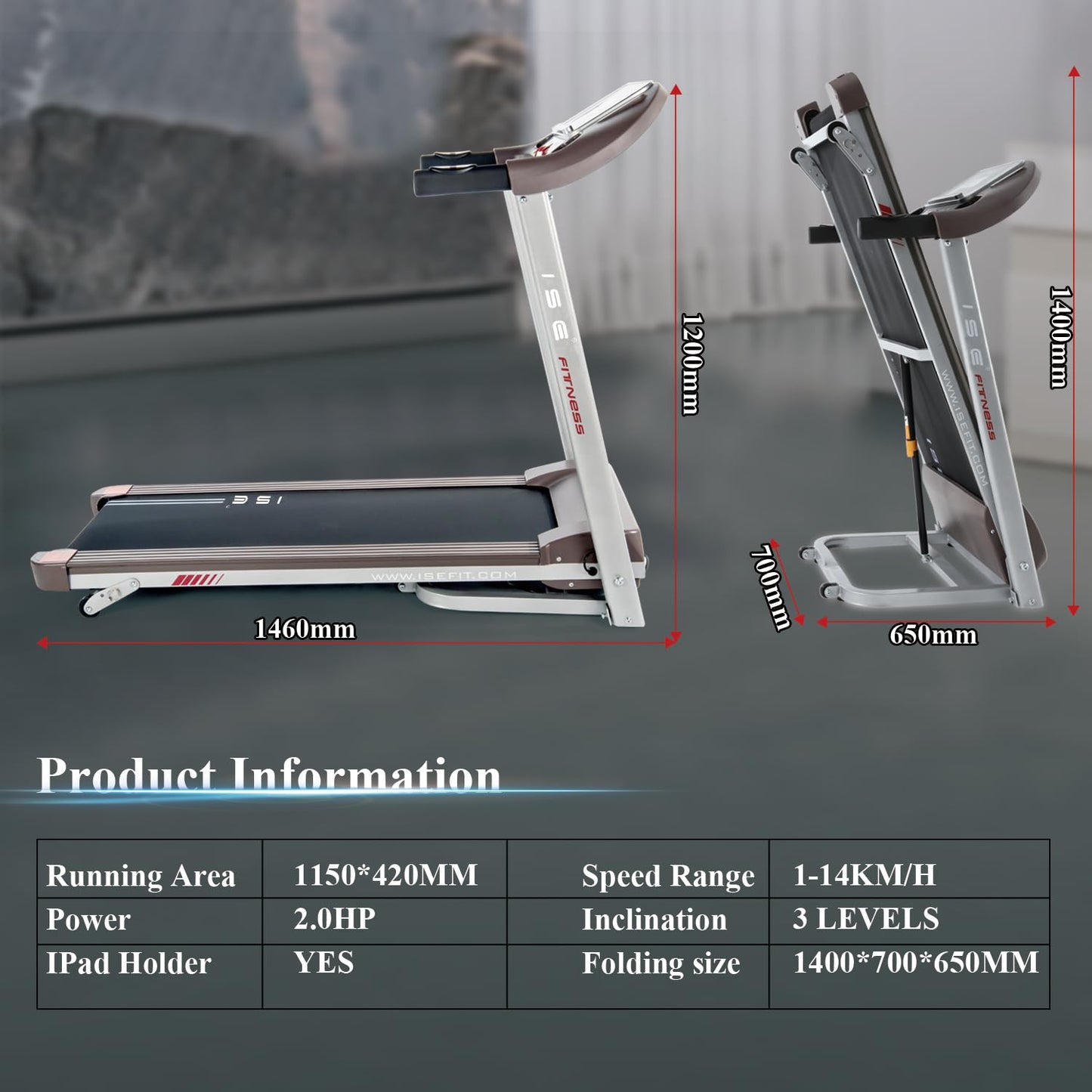 ISE Tapis de Course Pliable 14km/h, Professionnel, Moteur 2HP, écran LCD, 12 Programmes