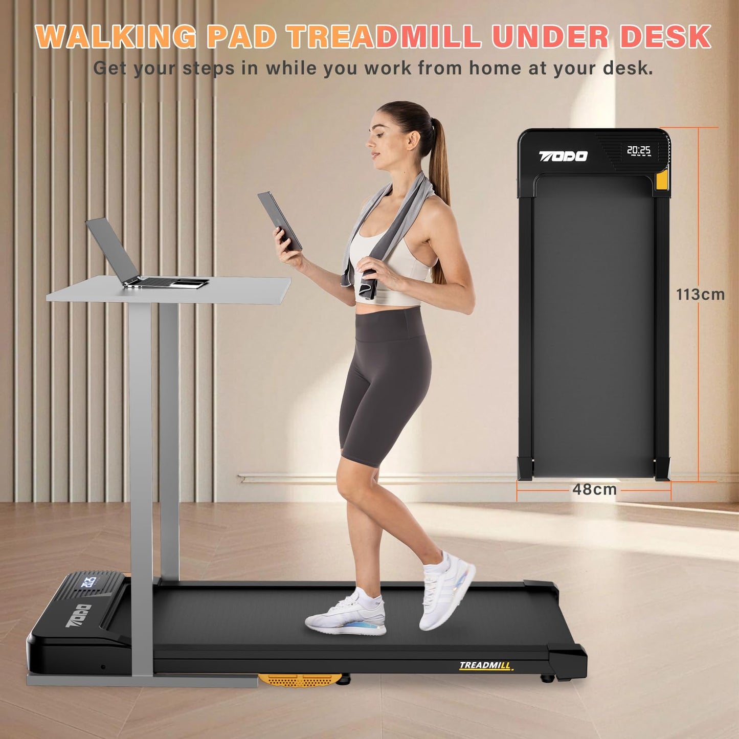 TODO Tapis de Marche 1-6km/h, Moteur 2.5HP, Télécommande & APP, pour Maison/Bureau