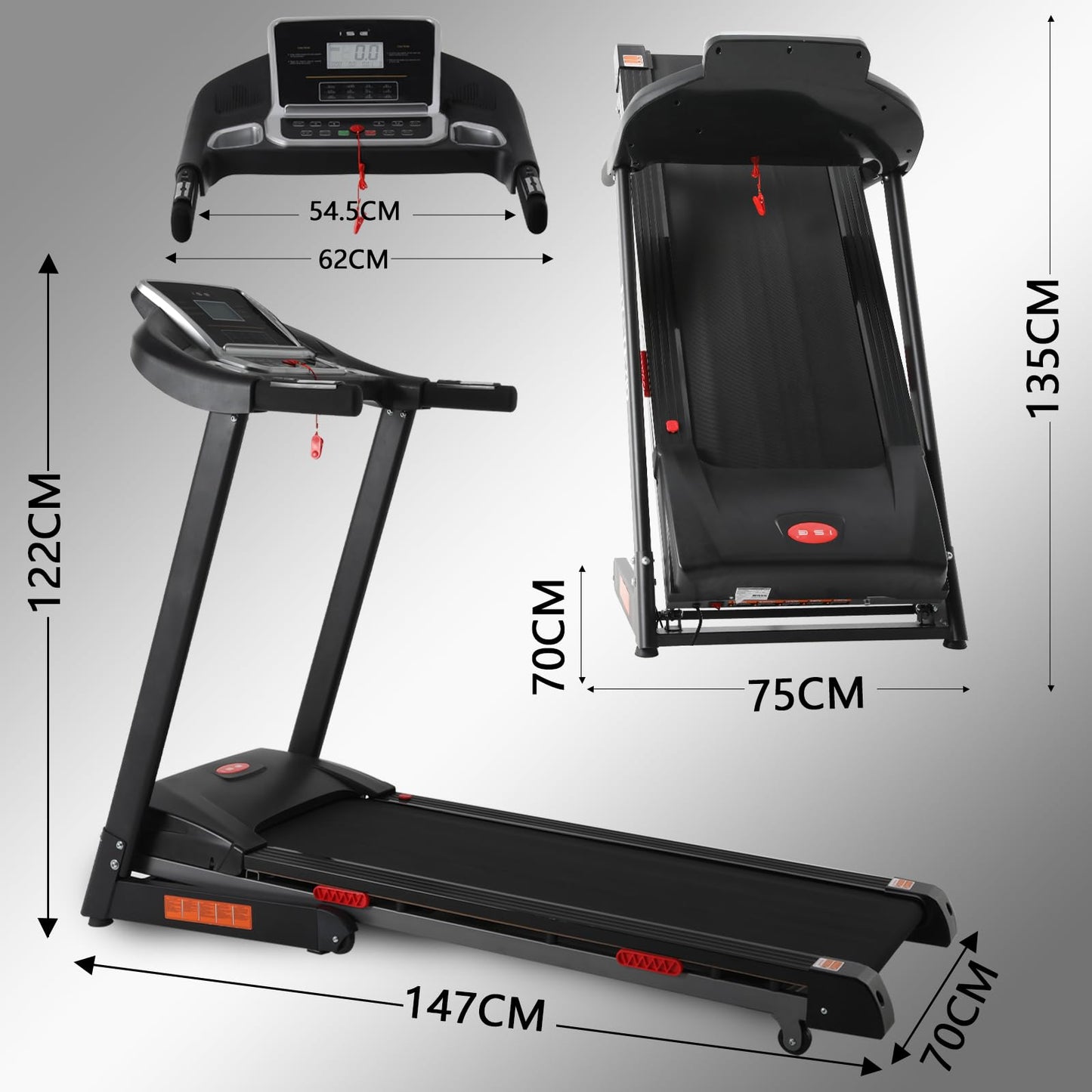 ISE Tapis de Course Inclinable Automatique Pliable, Tapis Course Electrique Motorisé 735W, Tapis de Marche 16KM/H Ecran LCD&amp;12P, Tapis de Sport Fitness Course, Tapis Roulant Bluetooth à Domicile