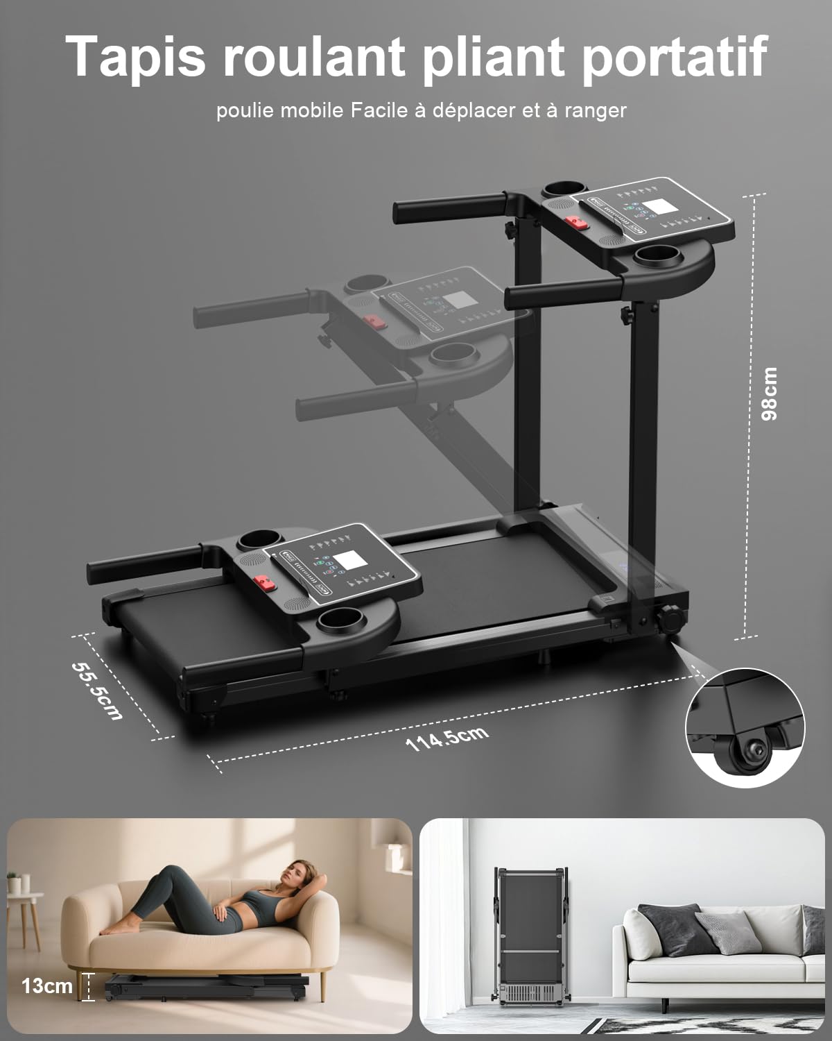 Tapis de Course Pliable 10km/h, Moteur Silencieux, Inclinable, Compact Maison/Bureau