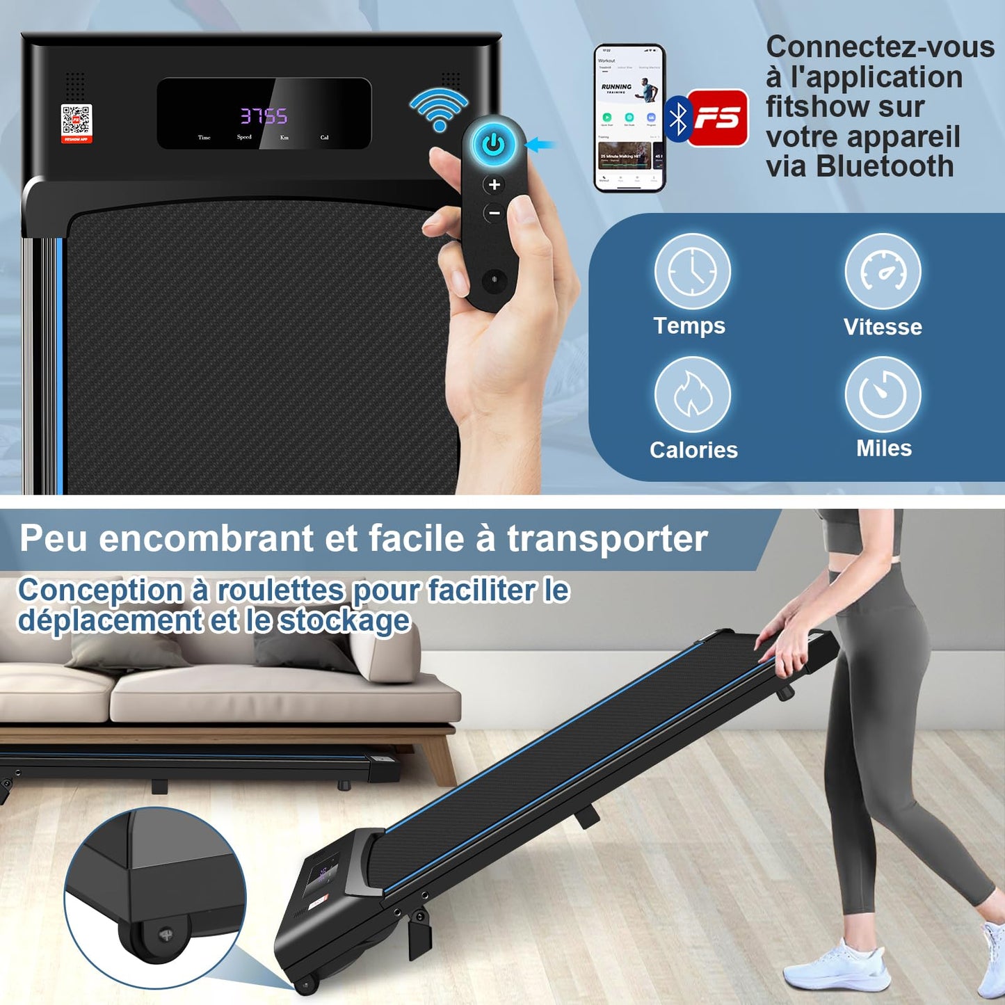 Tapis de Course Inclinable, 3.0HP Tapis de Marche avec Audio Bluetooth, APP Gratuite, Télécommande et LED, Walking Pad Compact pour Le Bureau et la Maison, Vitesse réglable 1-6 km/h