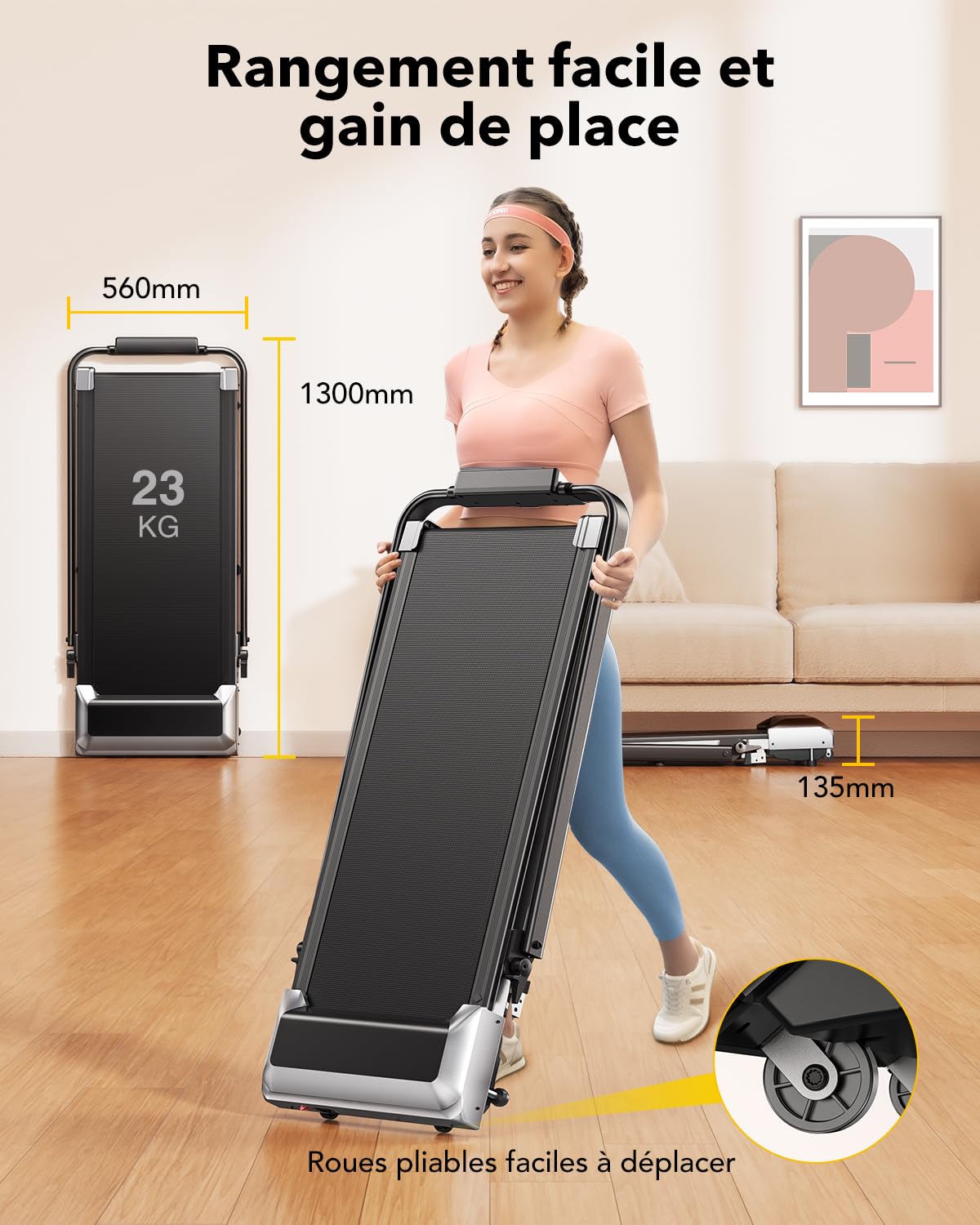Tapis de Course Pliable 3-en-1, 2.5HP, 12km/h, Compact Sous Bureau, Écran LED