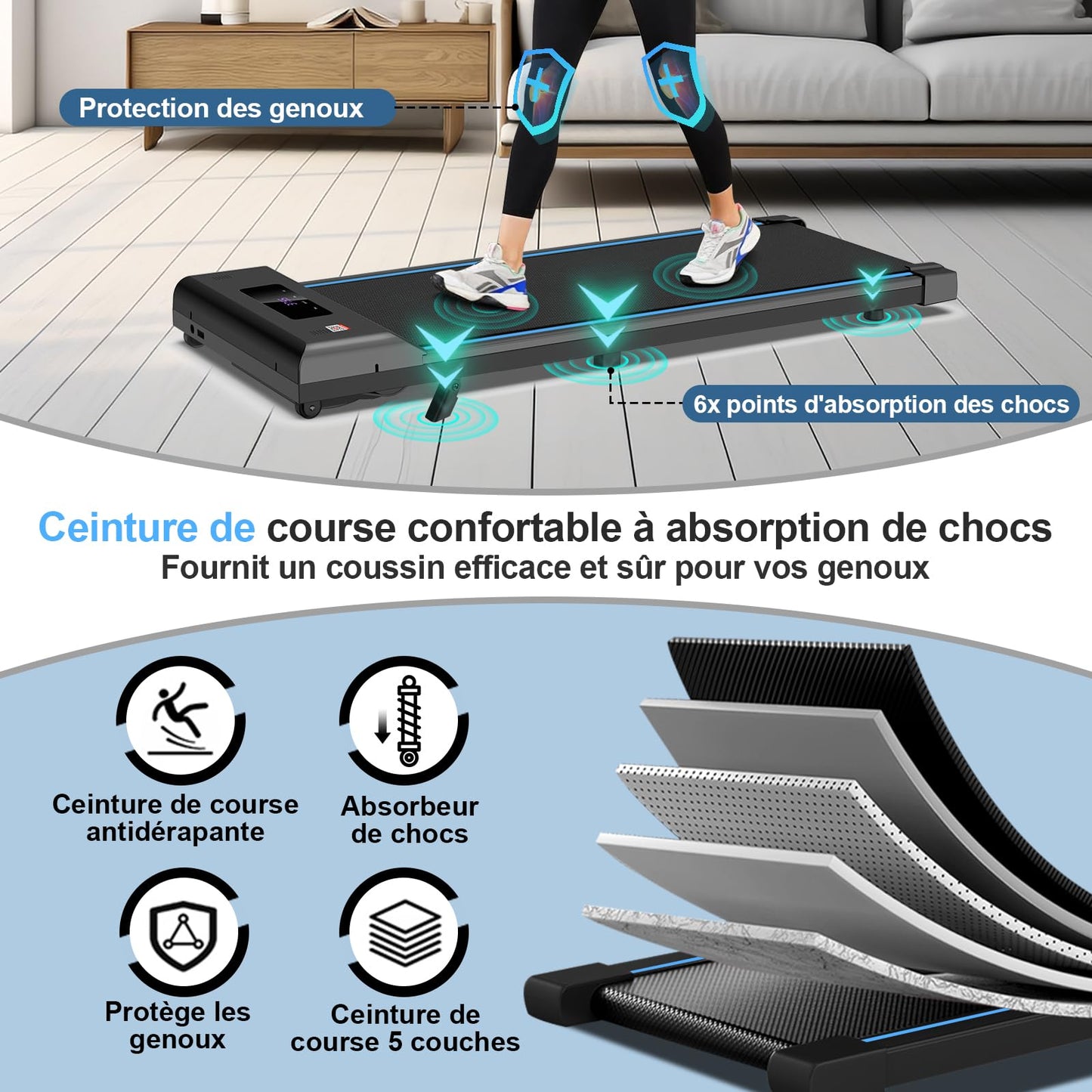 Tapis de Course Inclinable, 3.0HP Tapis de Marche avec Audio Bluetooth, APP Gratuite, Télécommande et LED, Walking Pad Compact pour Le Bureau et la Maison, Vitesse réglable 1-6 km/h
