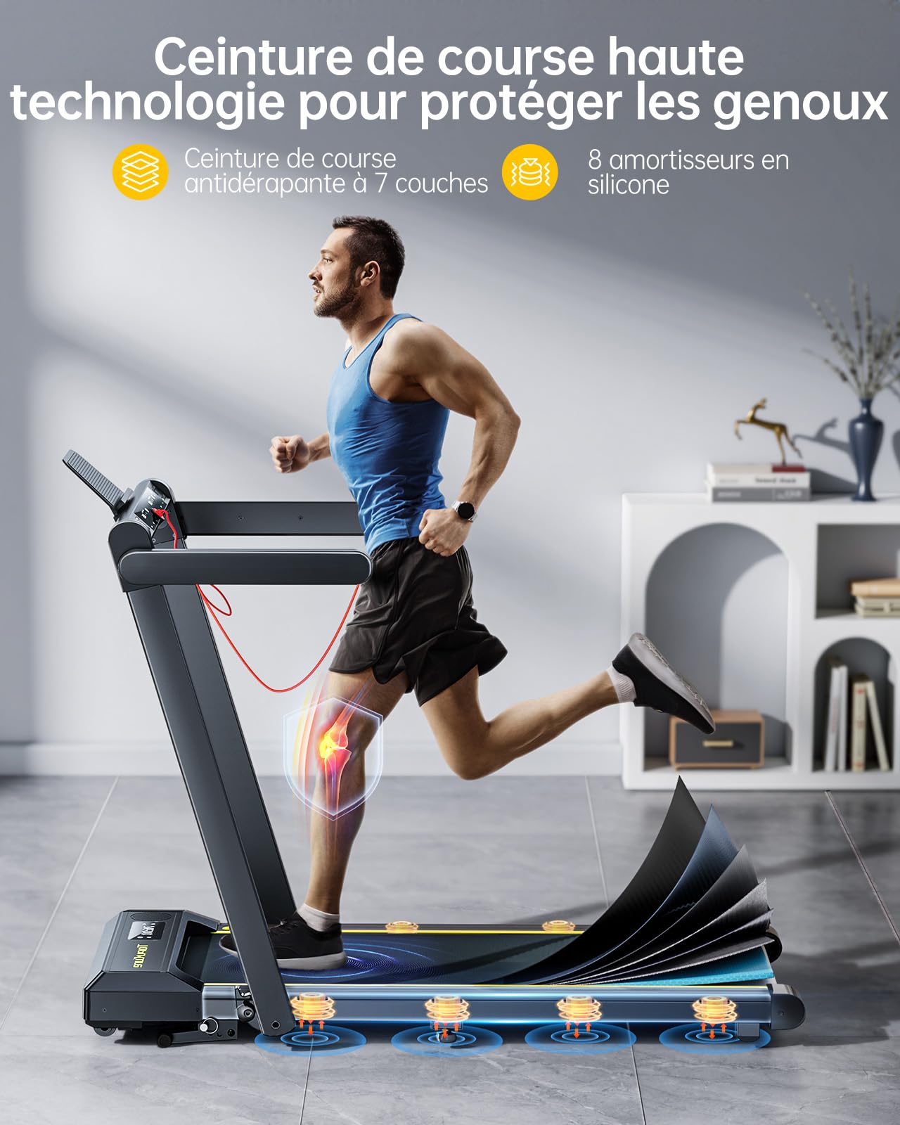 Tapis de Course 16km/h, Inclinaison 12%, Bande 42cm, Cardio, Contrôle APP, LED