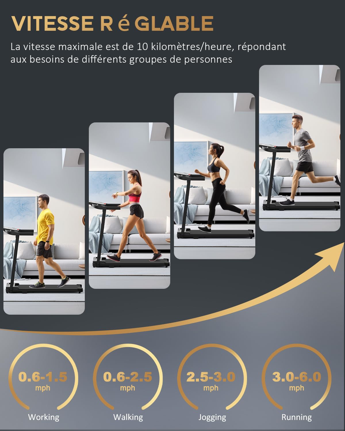 Tapis de Course Pliable 10km/h, Moteur Silencieux, Inclinable, Compact Maison/Bureau