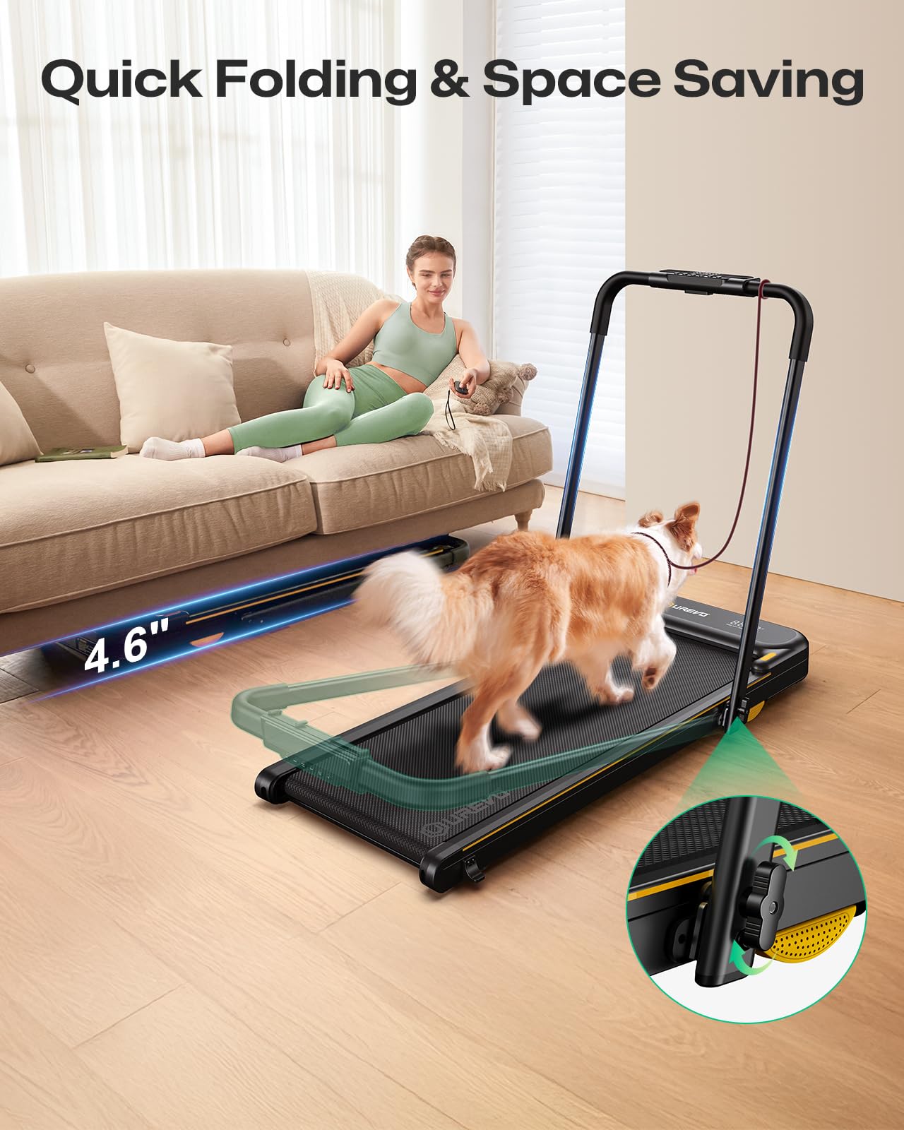 UREVO Tapis de Marche 3-en-1, 1-10km/h, Double Amortissement, APP, LED, Télécommande