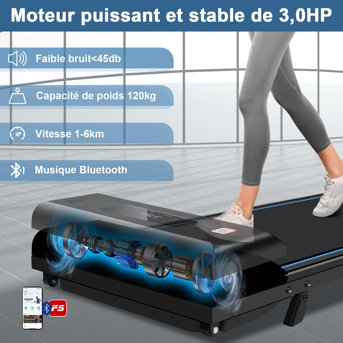 Tapis de Course Inclinable, 3.0HP Tapis de Marche avec Audio Bluetooth, APP Gratuite, Télécommande et LED, Walking Pad Compact pour Le Bureau et la Maison, Vitesse réglable 1-6 km/h