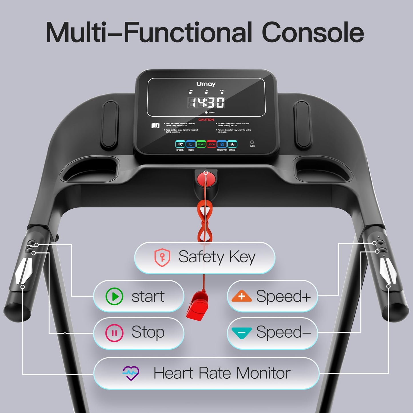 UMAY Tapis de Course 14km/h, Moteur 3.0HP, 12 Programmes, Moniteur Cardiaque, APP