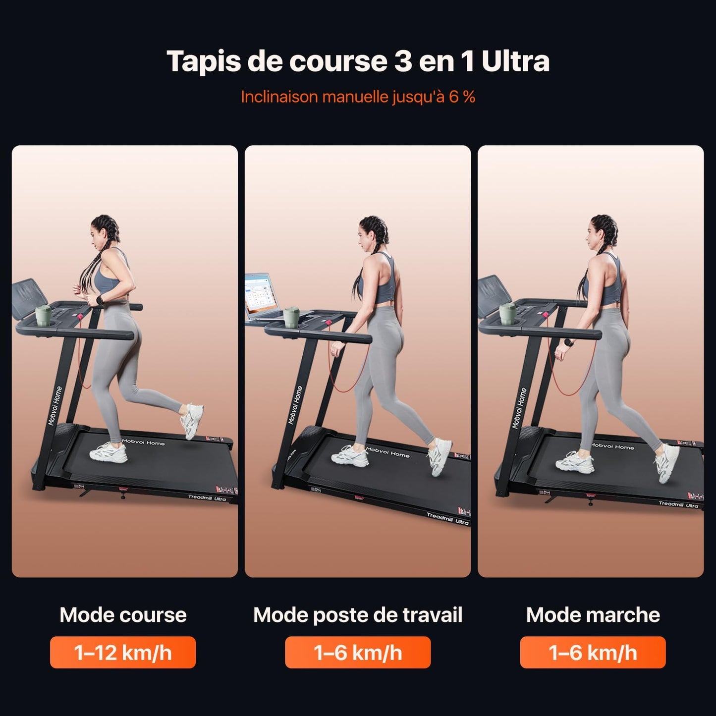 Mobvoi Tapis de Course Ultra 3-en-1, Inclinaison 6%, Support Tasse/Téléphone, 120kg