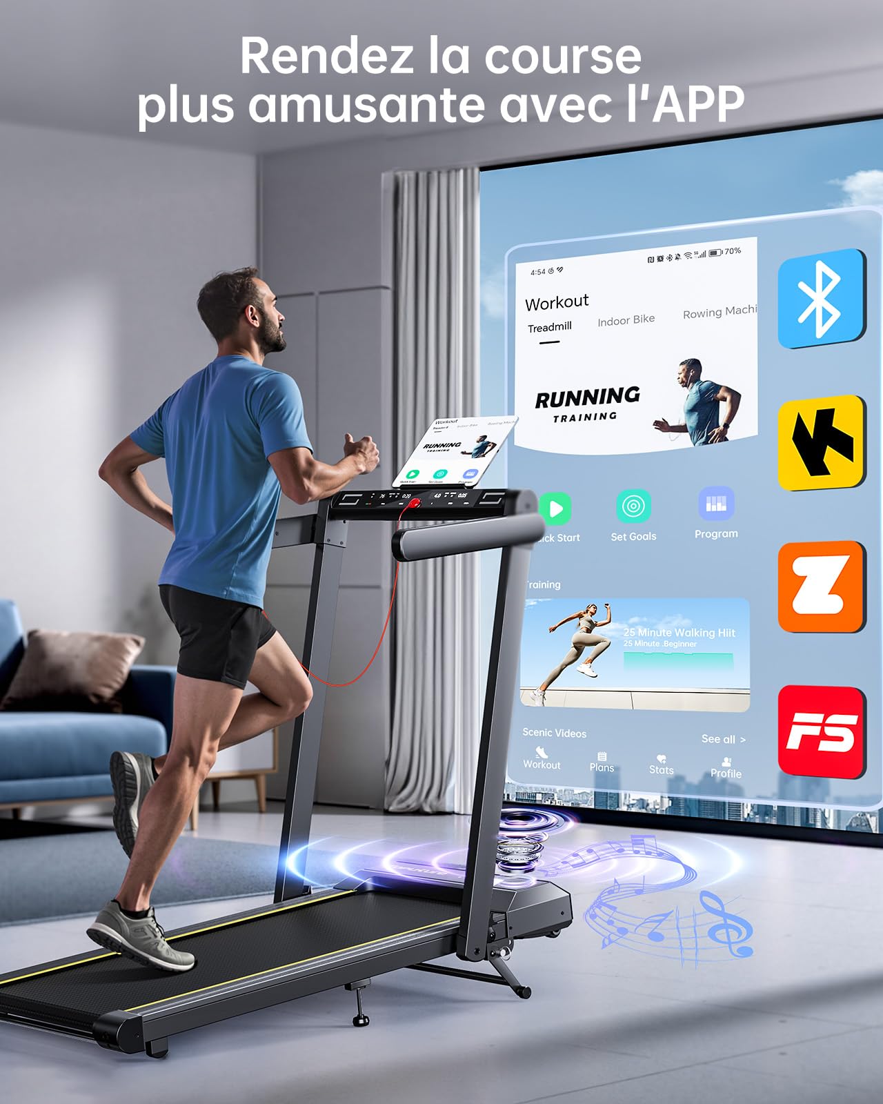 Tapis de Course 16km/h, Inclinaison 12%, Bande 42cm, Cardio, Contrôle APP, LED