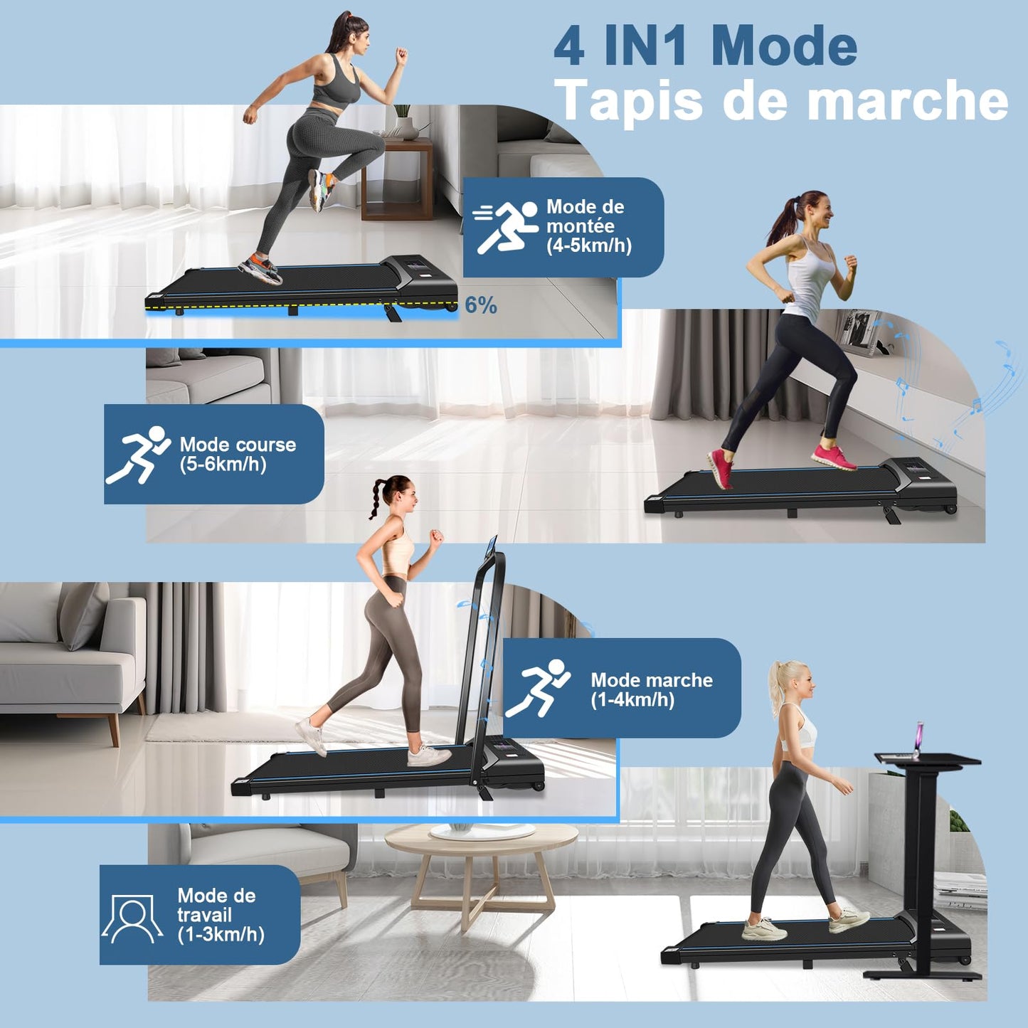 Tapis de Course Inclinable, 3.0HP Tapis de Marche avec Audio Bluetooth, APP Gratuite, Télécommande et LED, Walking Pad Compact pour Le Bureau et la Maison, Vitesse réglable 1-6 km/h