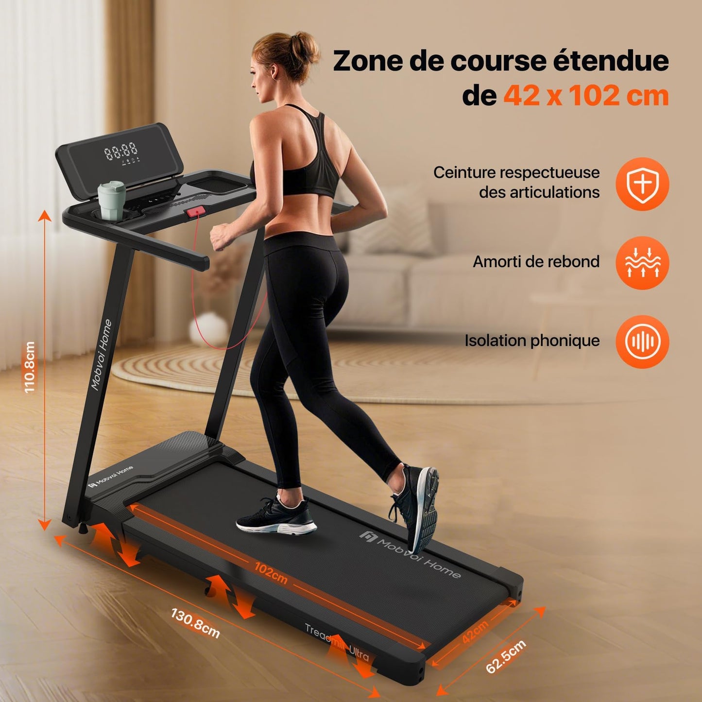 Mobvoi Tapis de Course Ultra 3-en-1, Inclinaison 6%, Support Tasse/Téléphone, 120kg