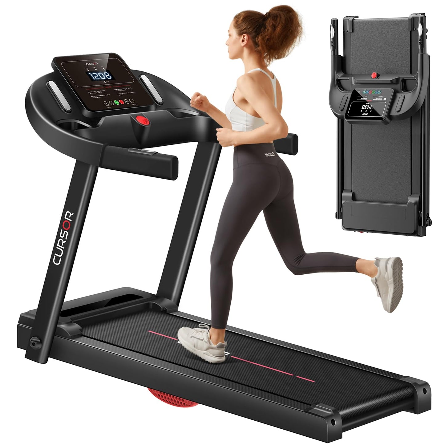 CURSOR Tapis de Course Pliable 14KM/H,Tapis de Marche Electrique Pliable avec poignée Moniteur de Fréquence Cardiaque,APP et Moteur Silencieux amélioré,Treadmill Home Folding Charge Max 136KG (Noir)