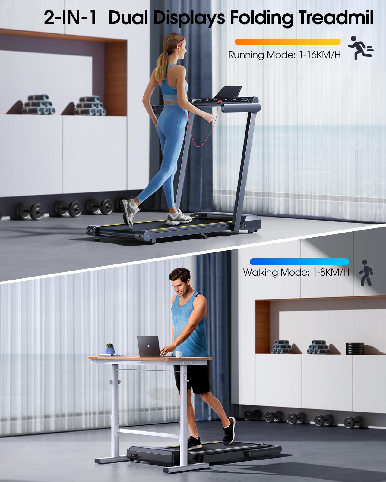 Tapis de Course 2 en 1,Vitesse 16 km/h,2.5HP,Tapis Roulant électrique maximale Pliant,Extra Large 42cm, Double écran LED, 12 programmes de Course,Mesure de la fréquence Cardiaque
