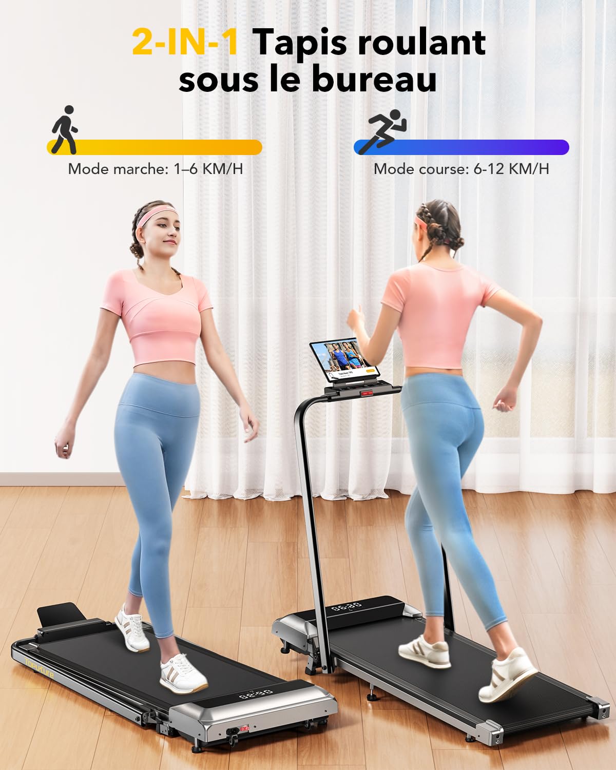 Tapis de Course Pliable 3-en-1, 2.5HP, 12km/h, Compact Sous Bureau, Écran LED