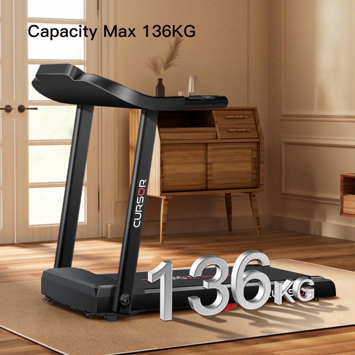 CURSOR Tapis de Course Pliable 14KM/H,Tapis de Marche Electrique Pliable avec poignée Moniteur de Fréquence Cardiaque,APP et Moteur Silencieux amélioré,Treadmill Home Folding Charge Max 136KG (Noir)
