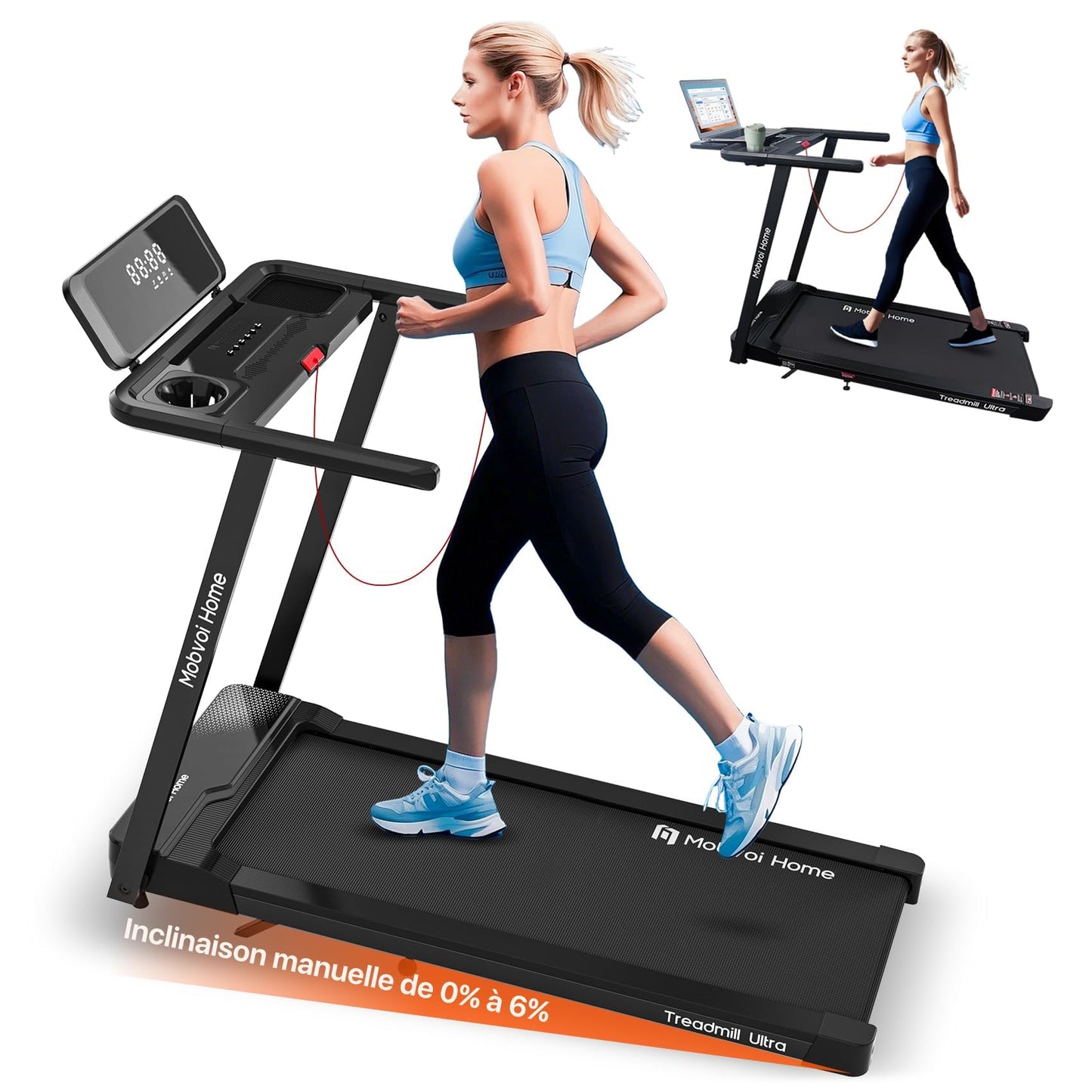 Mobvoi Tapis de Course Ultra 3-en-1, Inclinaison 6%, Support Tasse/Téléphone, 120kg