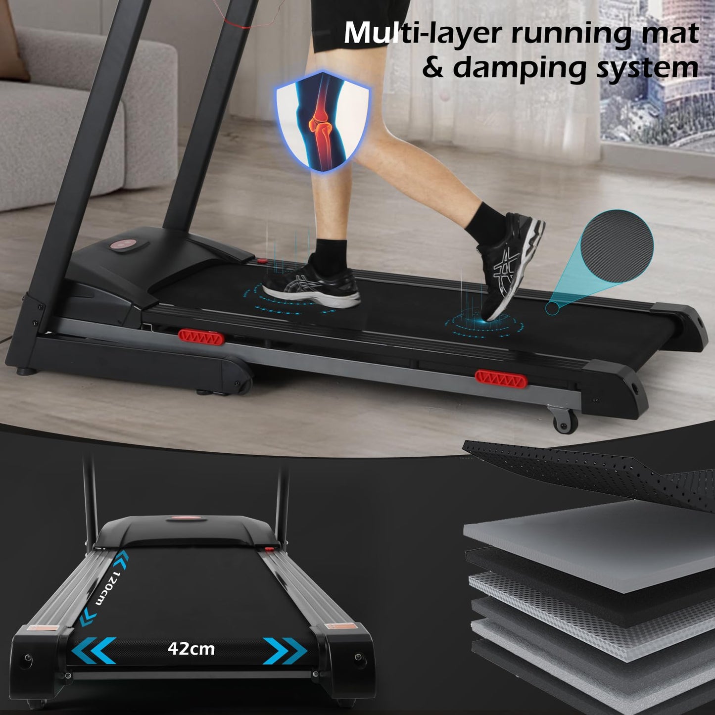 ISE Tapis de Course Inclinable Automatique Pliable, Tapis Course Electrique Motorisé 735W, Tapis de Marche 16KM/H Ecran LCD&amp;12P, Tapis de Sport Fitness Course, Tapis Roulant Bluetooth à Domicile