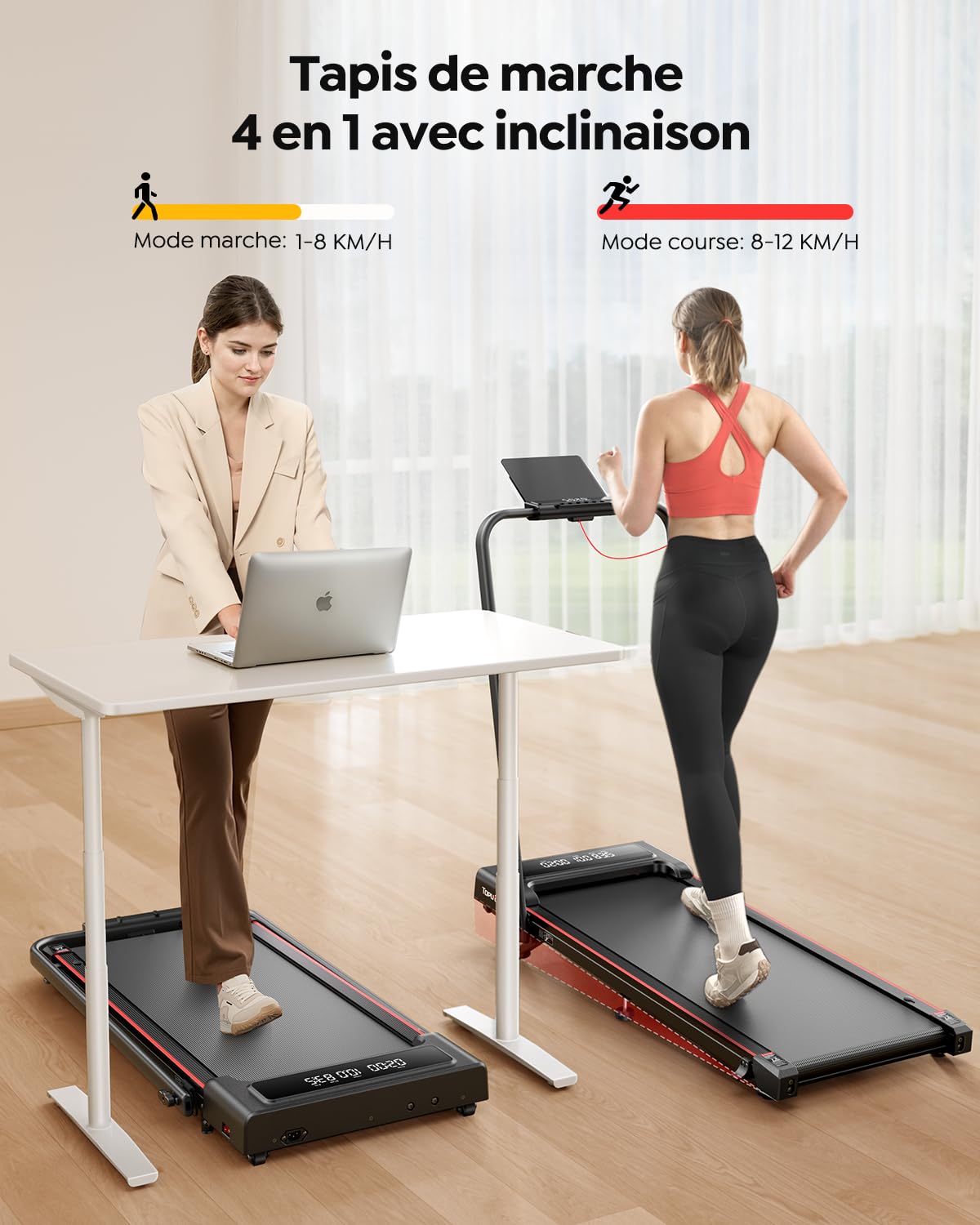 Tapis de Course Pliable 4-en-1, 2.5HP, 12km/h, Compact Sous Canapé, Double Écran LED