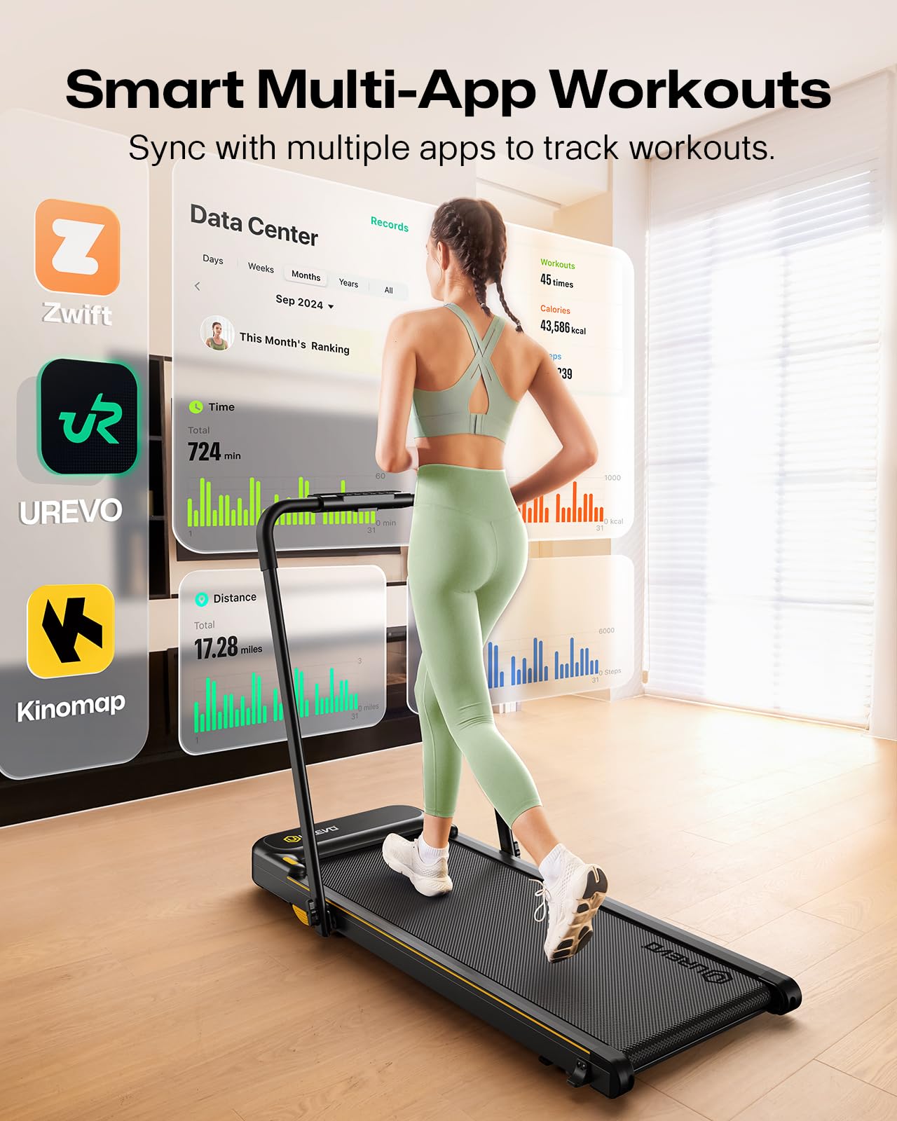 UREVO Tapis de Marche 3-en-1, 1-10km/h, Double Amortissement, APP, LED, Télécommande