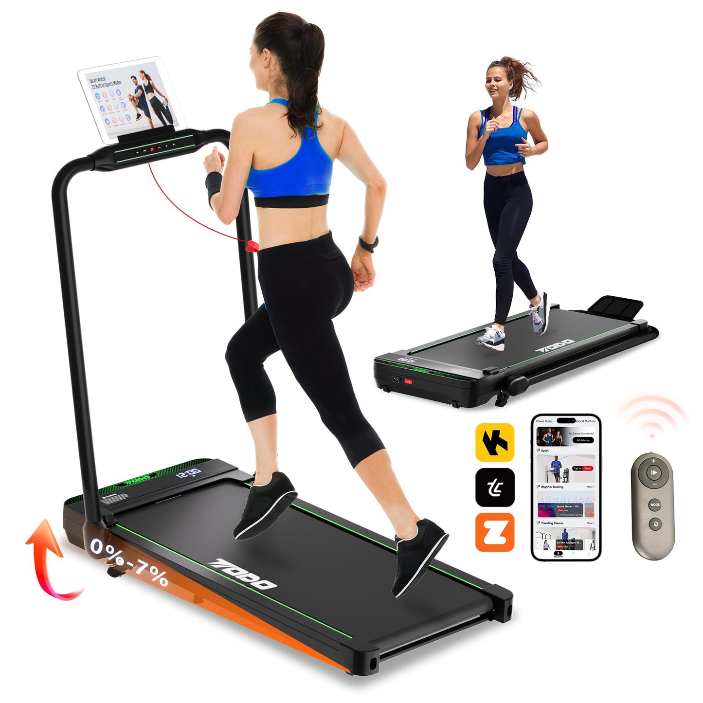TODO Tapis de Marche Inclinable, 2-en-1 Tapis de Course Pliable, Walking Pad Électrique pour la Maison et Le Bureau, Télécommande et APP, avec Affichage LED, Moteur 2.5 HP