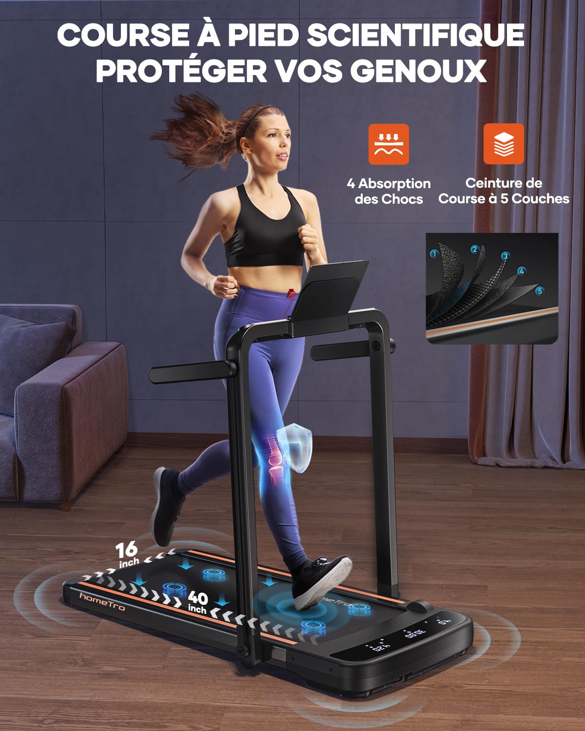homeTro Tapis de Course 14km/h, 2.5HP, Grand Écran LED, Pliable Compact, Sans Installation