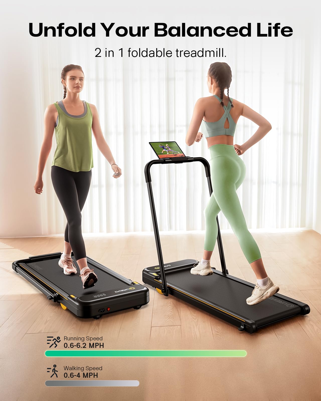 UREVO Tapis de Marche 3-en-1, 1-10km/h, Double Amortissement, APP, LED, Télécommande