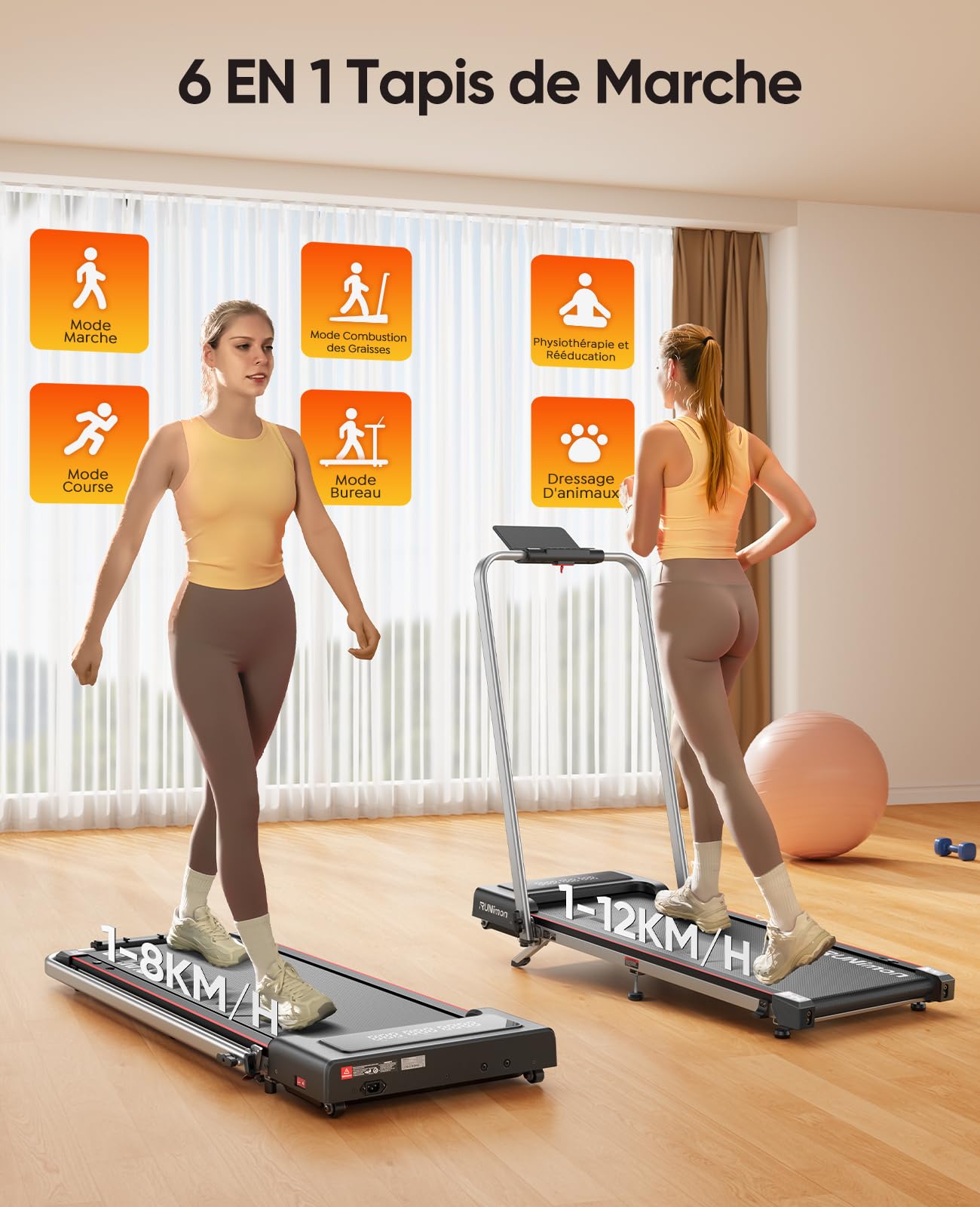 RUNIMON Tapis de Course 6-en-1, Pente 7%, 12km/h, 2.5HP, 2 Écrans LED, APP