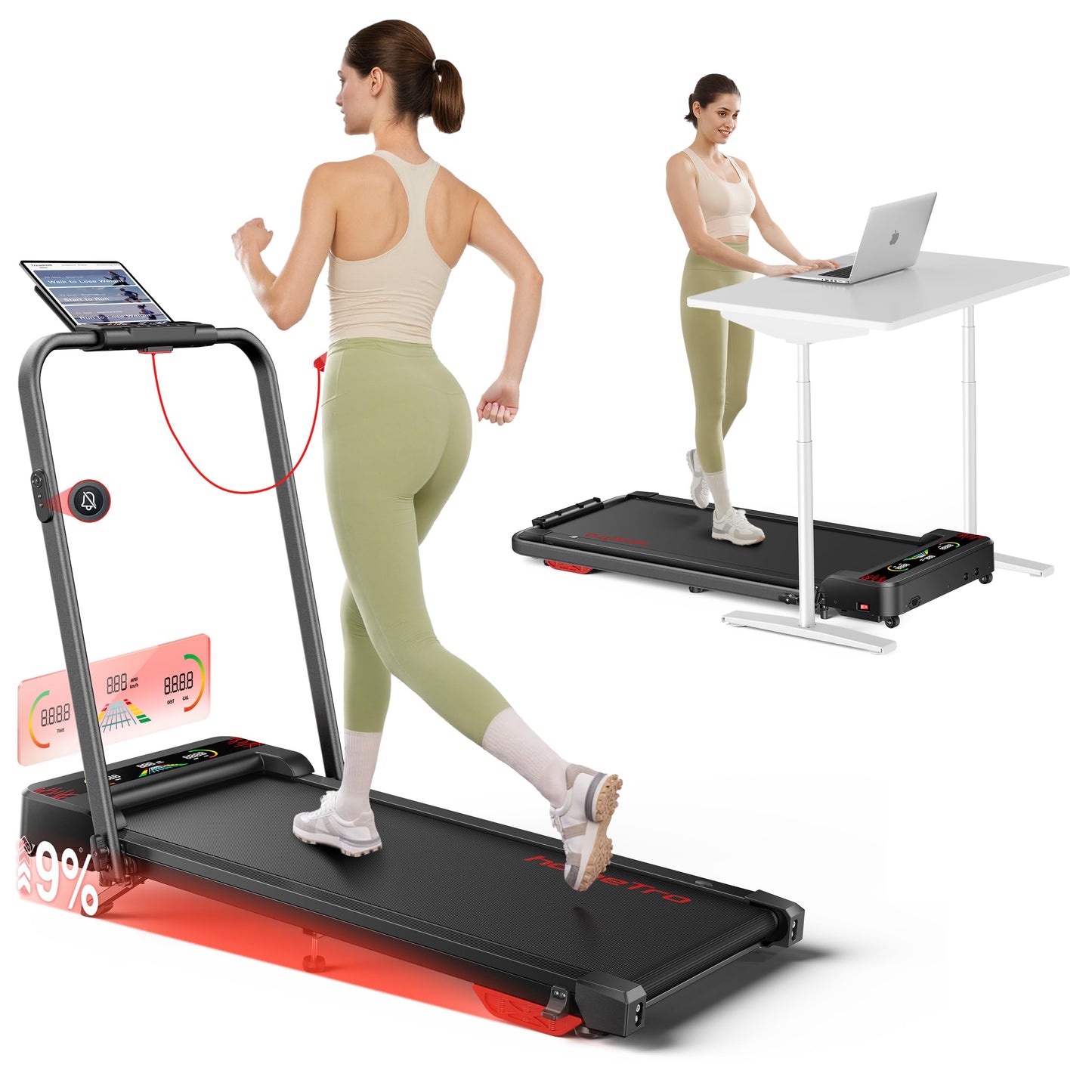 homeTro Tapis de Course 5-en-1, Inclinable 9%, Moteur Silencieux, Double Écran LED, 120kg