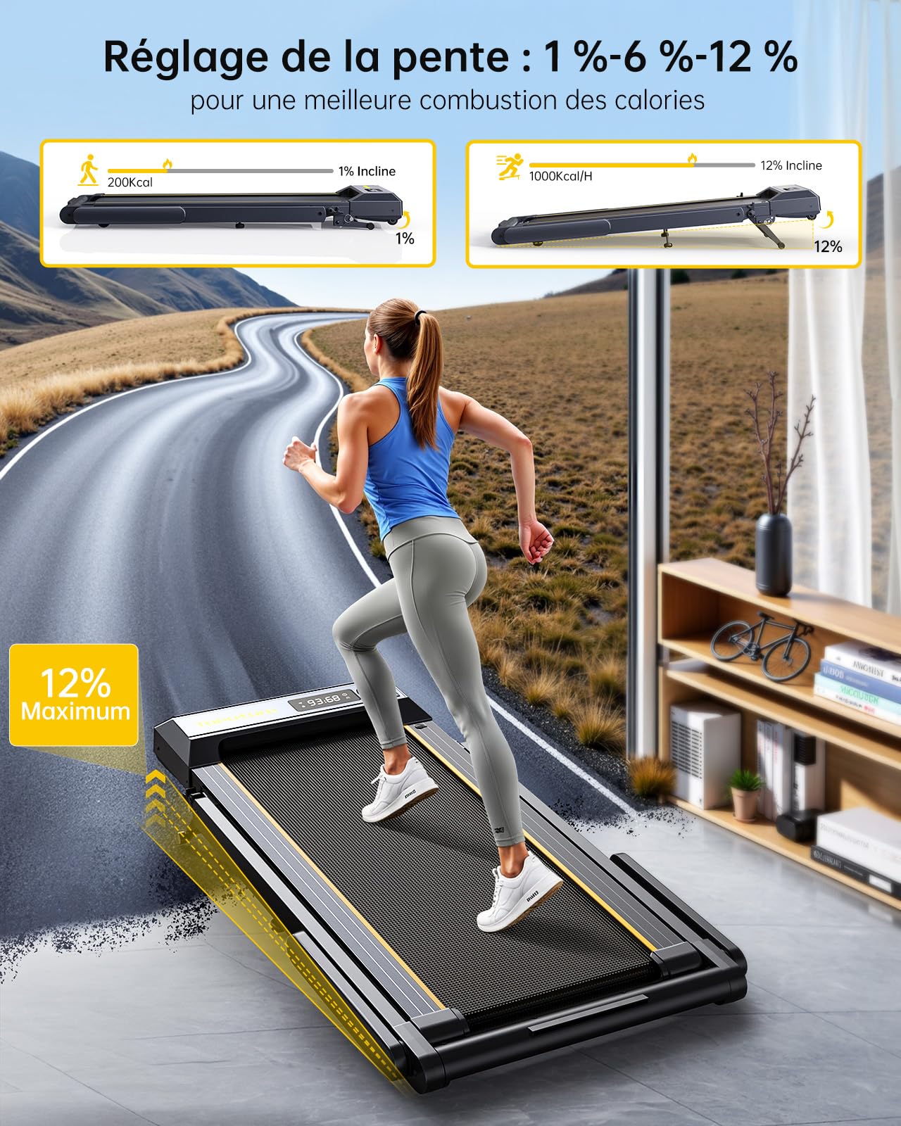 Tapis de Course 16km/h, Inclinaison 12%, Bande 42cm, Cardio, Contrôle APP, LED