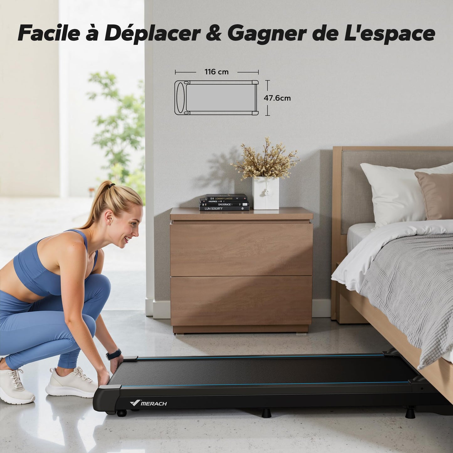 MERACH Walking Pad 3-en-1, 1-6km/h, 2.75HP, Télécommande, Silencieux, Futuriste