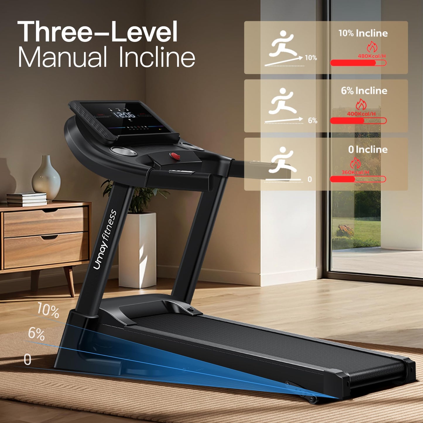 UMAY Tapis de Course Pliable Inclinable 14km/h, Tapis de Course Professionnel Silencieux avec Moteur de 3,0 HP et 3 Niveaux d'inclinaison, Treadmill Home Folding Charge Max 136KG